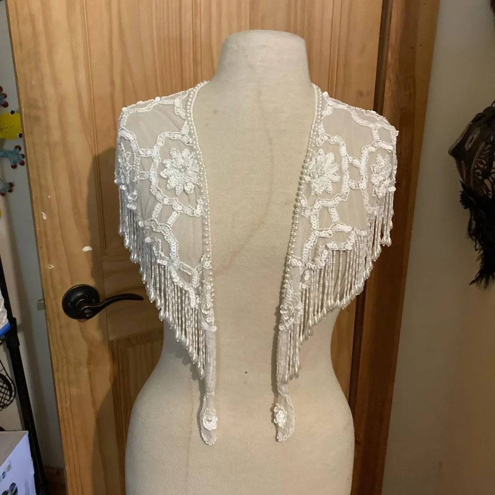 Source Unknown Ivory Beaded Fringe Bridal Shawl Scarf